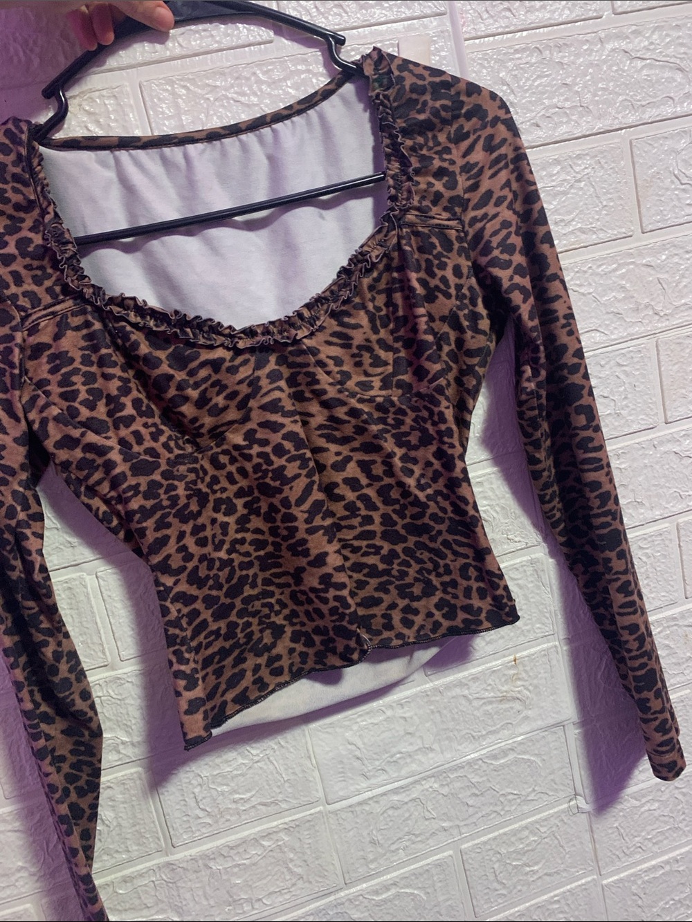 Leopard Print Long-Sleeve Scoop Neck Top - Brown